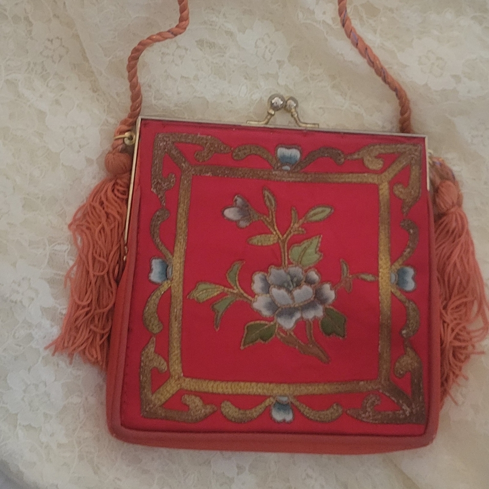 Red Silk Asian Floral Evening Bag Vintage